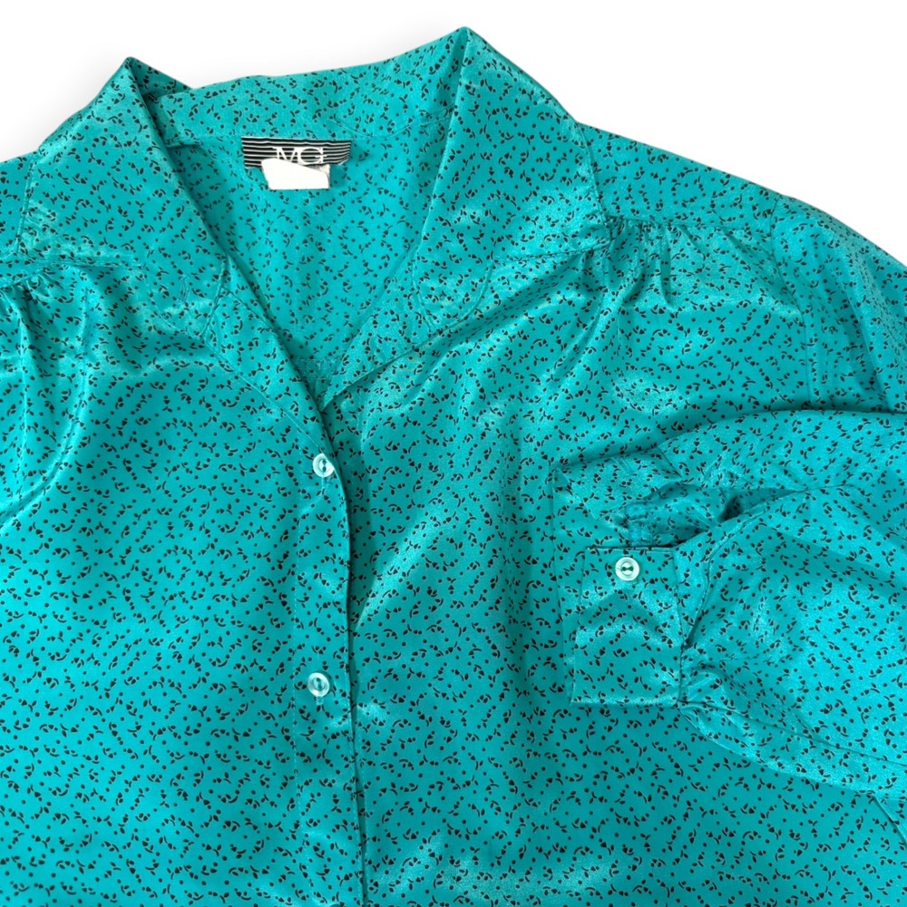 MG 18W/38 Teal Black Micro Floral Satin Button Down Shirt Longline Vintage 80s
